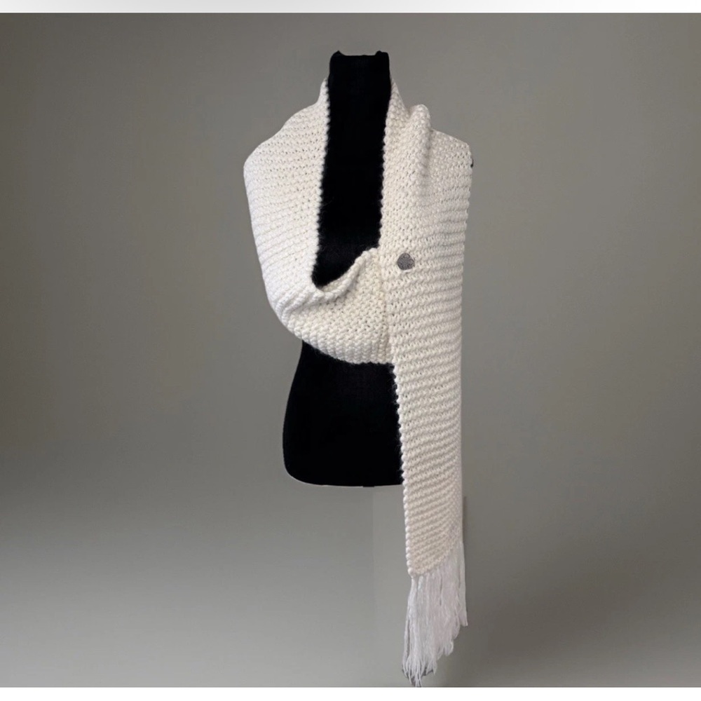 Charter Club Alpaca Blend Knit Scarf Long Ivory Fringe Button Boho Classic Prep
